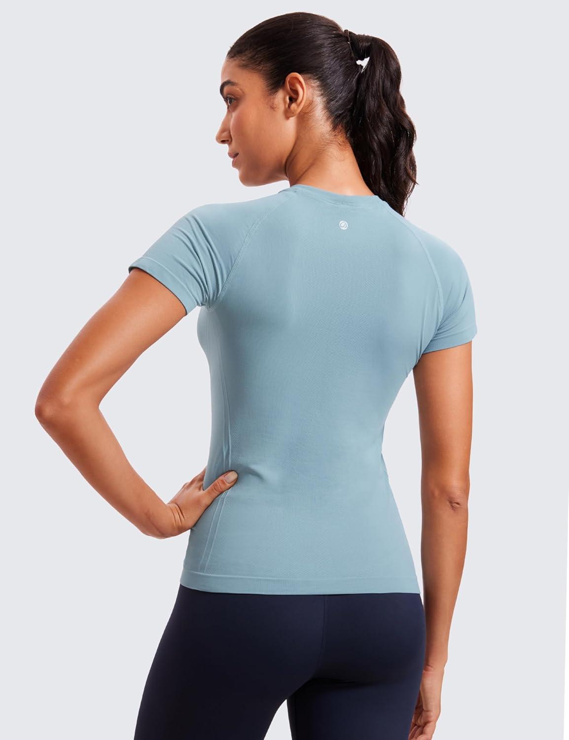 imageCRZ YOGA Seamless Workout Tops for Women Short Sleeve Athletic Tees Breathable Gym Running Yoga ShirtsPure Blue