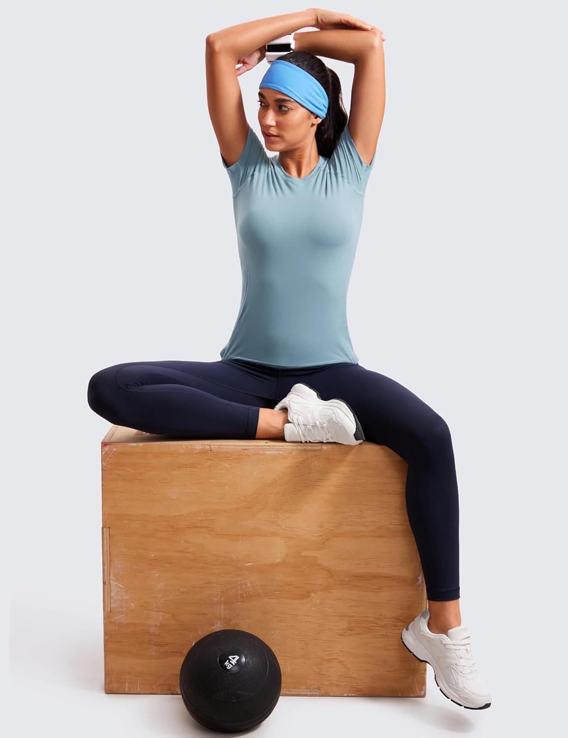 imageCRZ YOGA Seamless Workout Tops for Women Short Sleeve Athletic Tees Breathable Gym Running Yoga ShirtsPure Blue