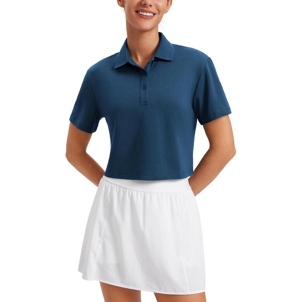 imageCRZ YOGA Golf Crop Polo Shirts for Women 3 Button Collared Quick Dry Tennis TShirt Short Sleeve Workout Athletic TopsFrench Navy