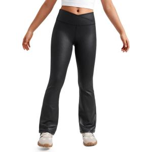 imageCRZ YOGA Girls Butterluxe Crossover Flare Leggings  Kids High Waist V Cross Bell Bottoms Bootcut Lounge Active Yoga PantsFaux Leather Black