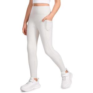 imageCRZ YOGA Girls Thermal Fleece Lined Athletic Leggings Water Resistant High Waist Warm Winter Kids Lounge Pants Side PocketsMilky White Bone
