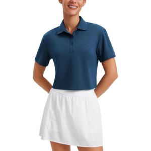 imageCRZ YOGA Golf Crop Polo Shirts for Women 3 Button Collared Quick Dry Tennis TShirt Short Sleeve Workout Athletic TopsFrench Navy