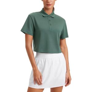 imageCRZ YOGA Golf Crop Polo Shirts for Women 3 Button Collared Quick Dry Tennis TShirt Short Sleeve Workout Athletic TopsGraphite Green