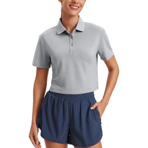 imageCRZ YOGA Golf Crop Polo Shirts for Women 3 Button Collared Quick Dry Tennis TShirt Short Sleeve Workout Athletic TopsRhino Grey