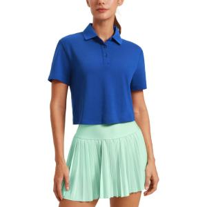 imageCRZ YOGA Golf Crop Polo Shirts for Women 3 Button Collared Quick Dry Tennis TShirt Short Sleeve Workout Athletic TopsWaves Blue
