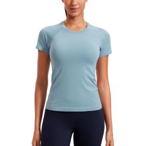 imageCRZ YOGA Seamless Workout Tops for Women Short Sleeve Athletic Tees Breathable Gym Running Yoga ShirtsPure Blue