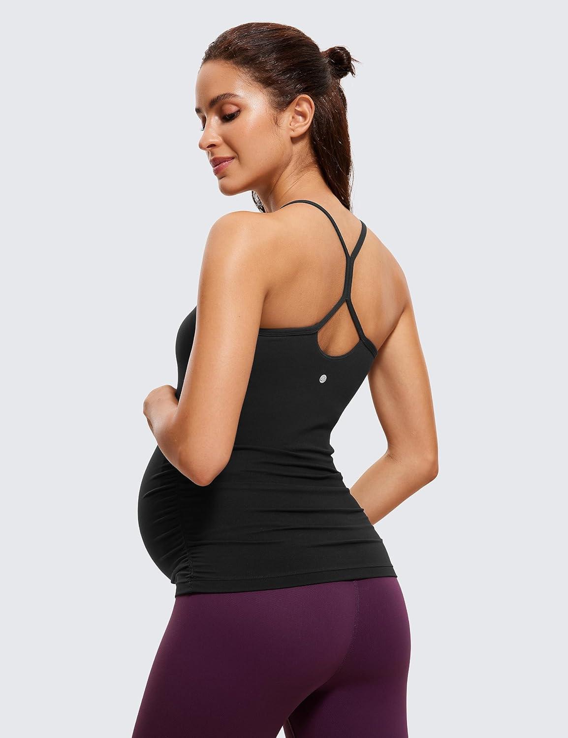 imageCRZ YOGA Butterluxe Y Back Maternity Tank Tops for Women Ruched Pregnancy Basic Camisole Sleeveless Athletic Yoga ShirtsBlack