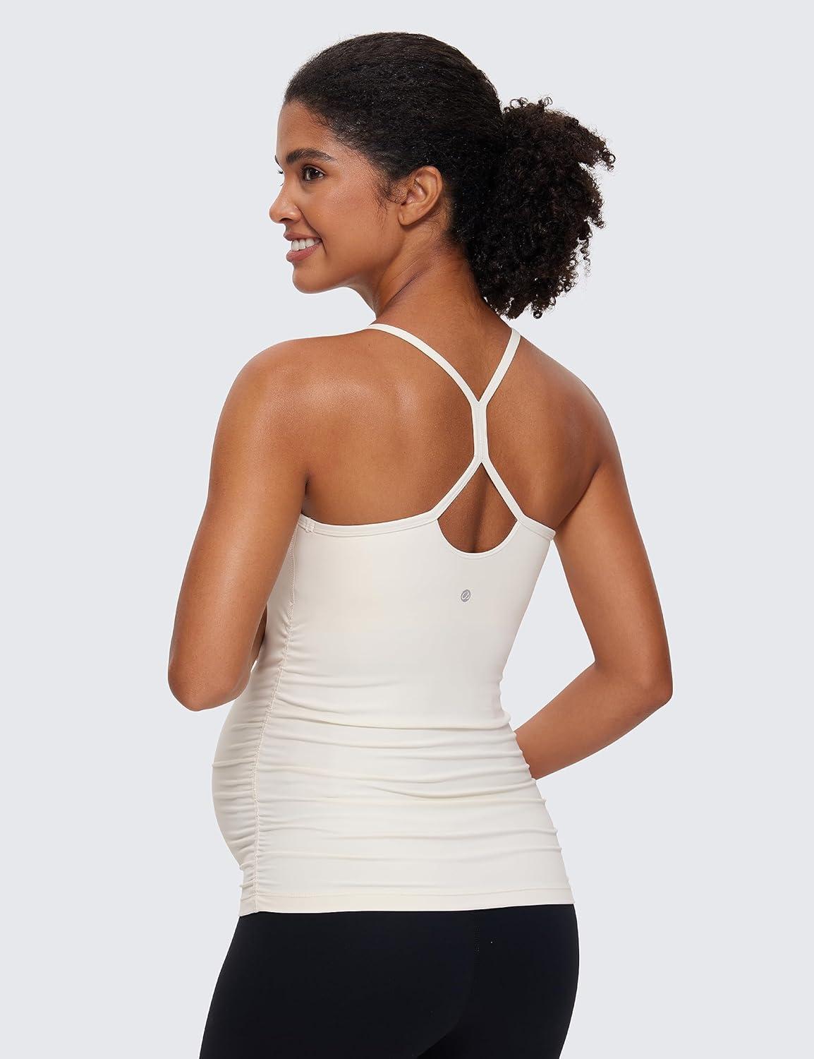 imageCRZ YOGA Butterluxe Y Back Maternity Tank Tops for Women Ruched Pregnancy Basic Camisole Sleeveless Athletic Yoga ShirtsWhite Apricot