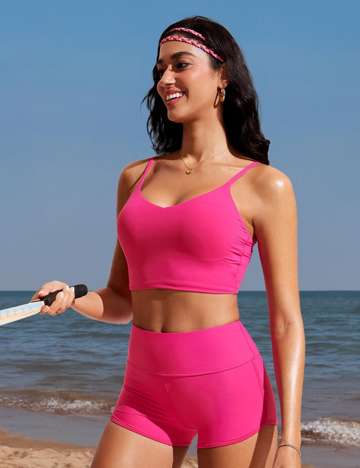 imageCRZ YOGA Womens 25 Swim Board Shorts High Waisted Quick Dry Bathing Suit Bottoms Dolphin Trunks with LinerGranita Pink