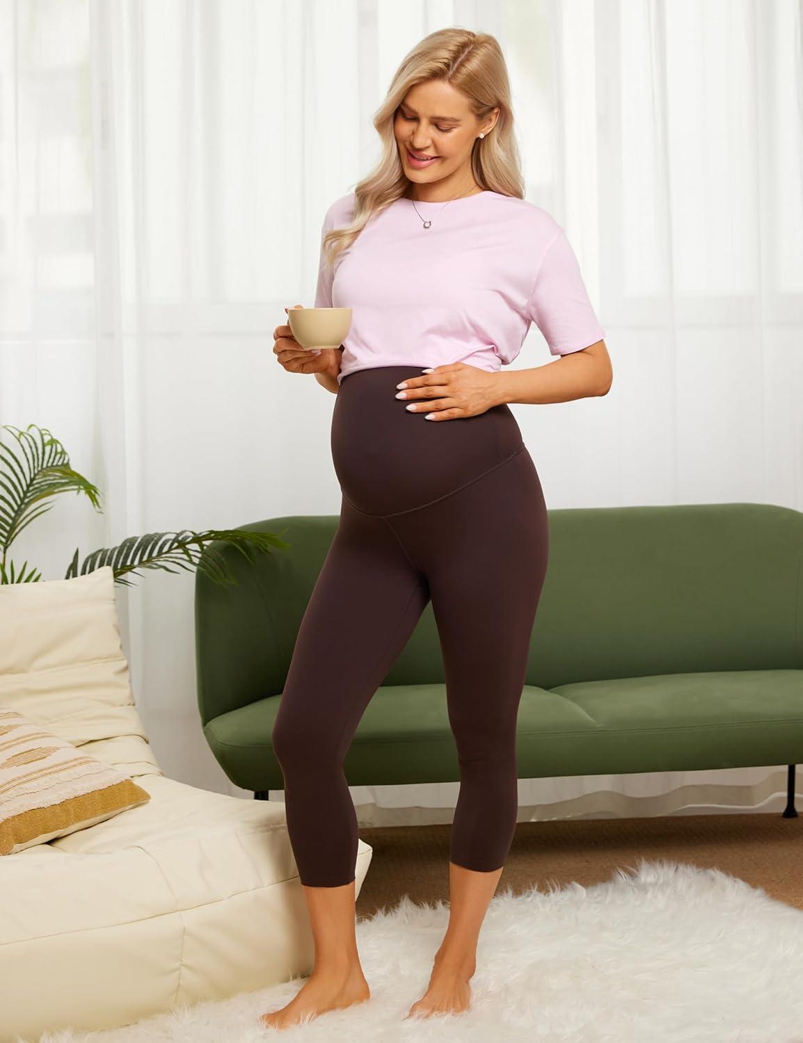imageCRZ YOGA Womens Butterluxe Maternity Capris Leggings 21quot  Crop Pants Over The Belly Workout Active Yoga Pregnancy SoftHot Fudge Brown