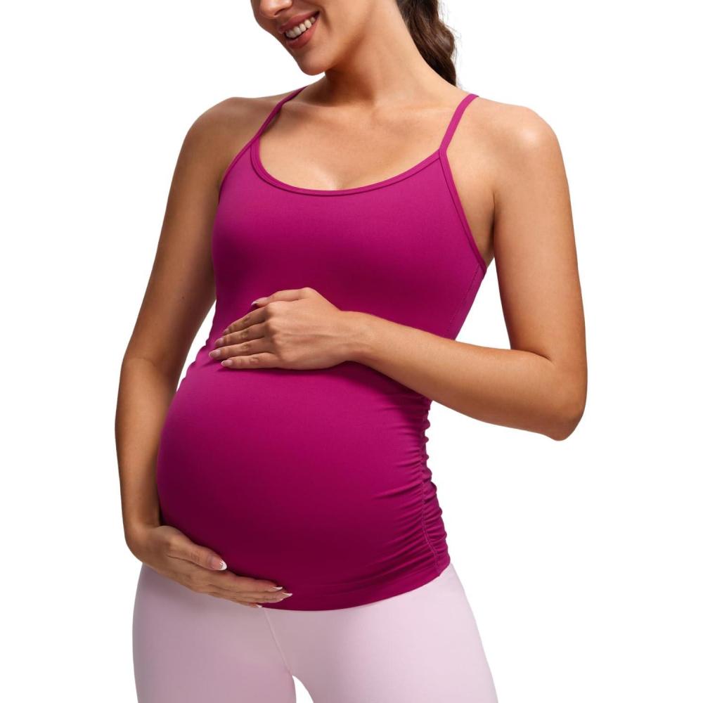 imageCRZ YOGA Butterluxe Y Back Maternity Tank Tops for Women Ruched Pregnancy Basic Camisole Sleeveless Athletic Yoga ShirtsMagenta Purple