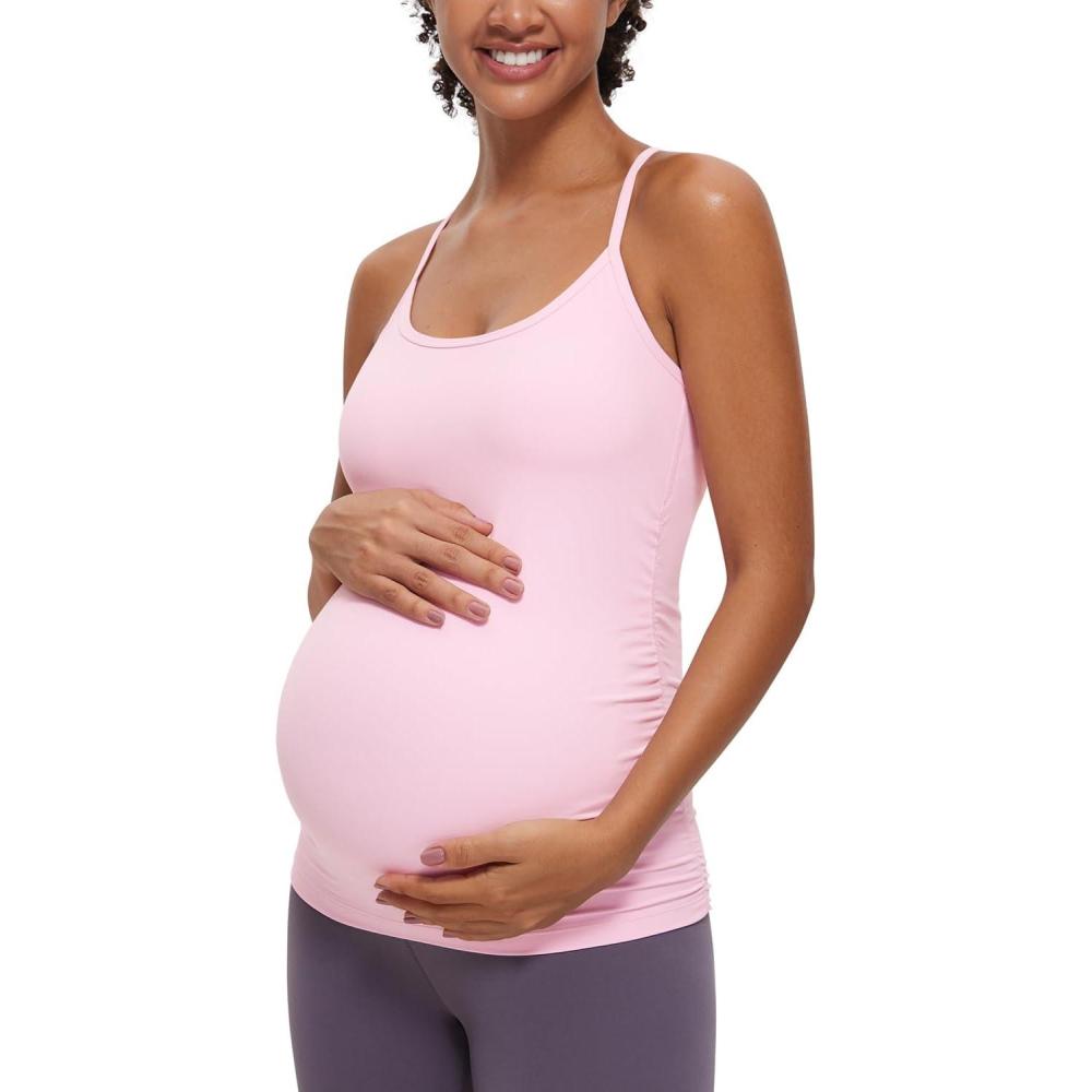 imageCRZ YOGA Butterluxe Y Back Maternity Tank Tops for Women Ruched Pregnancy Basic Camisole Sleeveless Athletic Yoga ShirtsPink Peony