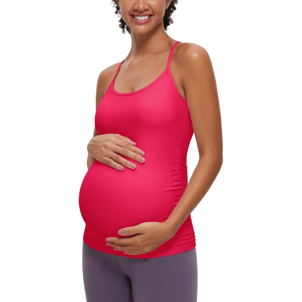 imageCRZ YOGA Butterluxe Y Back Maternity Tank Tops for Women Ruched Pregnancy Basic Camisole Sleeveless Athletic Yoga ShirtsViva Magenta