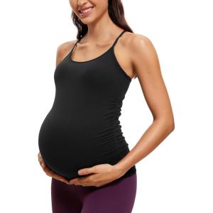 imageCRZ YOGA Butterluxe Y Back Maternity Tank Tops for Women Ruched Pregnancy Basic Camisole Sleeveless Athletic Yoga ShirtsBlack