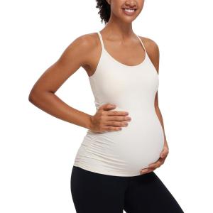 imageCRZ YOGA Butterluxe Y Back Maternity Tank Tops for Women Ruched Pregnancy Basic Camisole Sleeveless Athletic Yoga ShirtsWhite Apricot