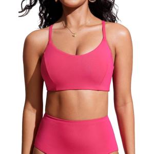 imageCRZ YOGA Womens Bikini Top Lace Up V Neck Swimsuits Crisscross Bathing Suit Swim Sports Bra PaddedMagenta