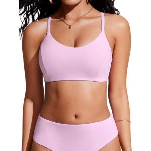 imageCRZ YOGA Womens Bikini Top Lace Up V Neck Swimsuits Crisscross Bathing Suit Swim Sports Bra PaddedPink Peony