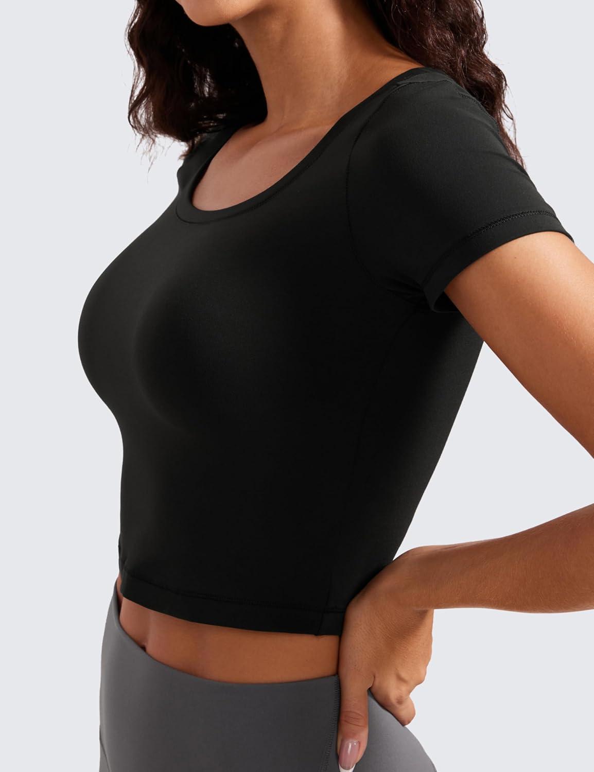 imageCRZ YOGA Butterluxe Short Sleeve Shirts for Women Scoop Neck Casual Crop Tops Workout Yoga Basic Slim Fit TShirtsBlack