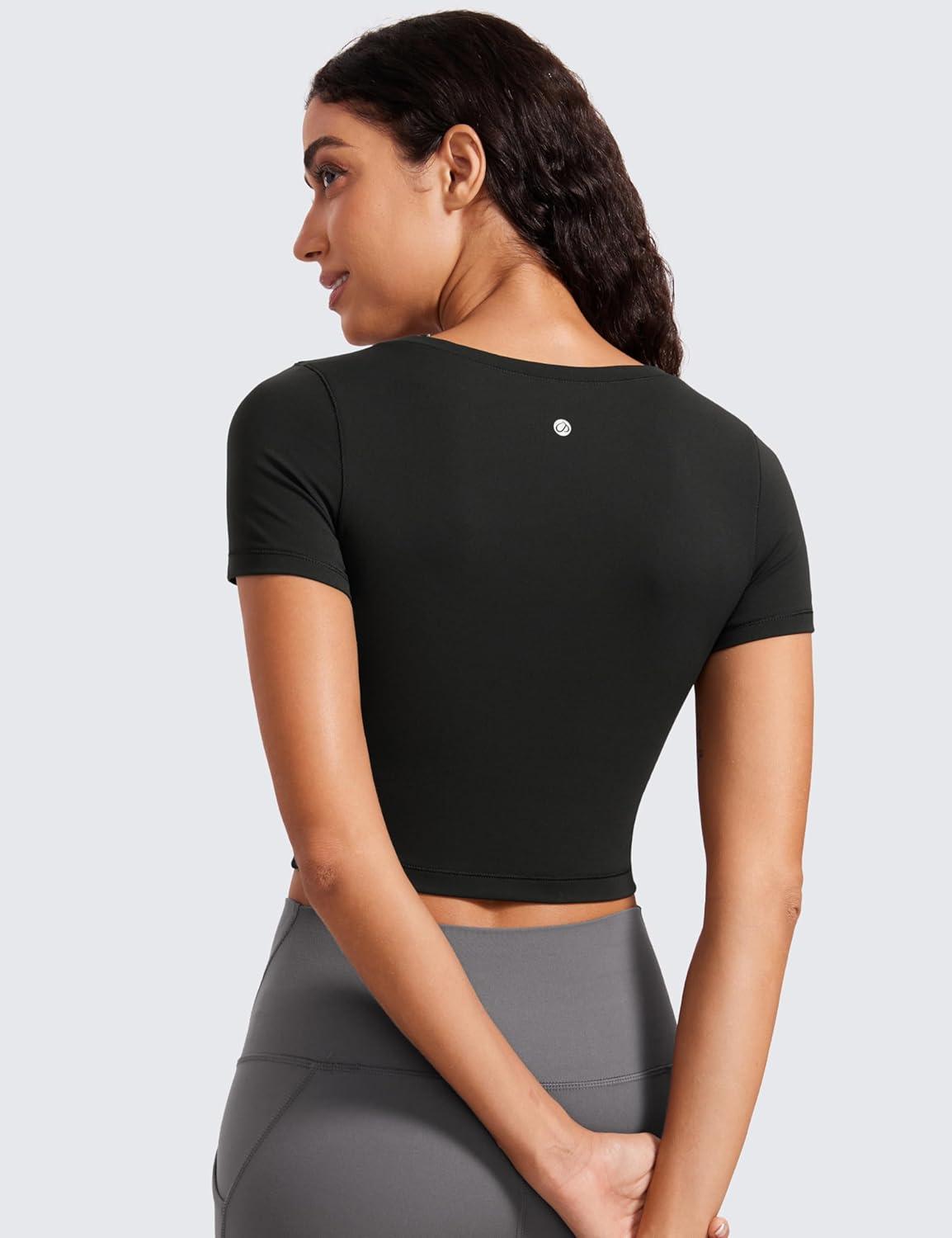 imageCRZ YOGA Butterluxe Short Sleeve Shirts for Women Scoop Neck Casual Crop Tops Workout Yoga Basic Slim Fit TShirtsBlack