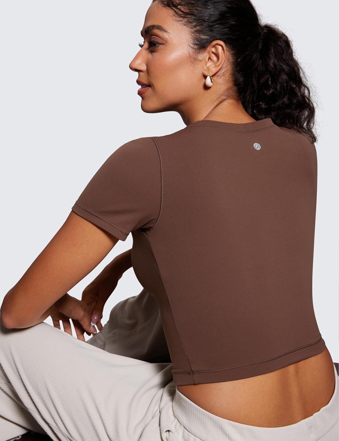 imageCRZ YOGA Butterluxe Short Sleeve Shirts for Women Scoop Neck Casual Crop Tops Workout Yoga Basic Slim Fit TShirtsCoffee Brown
