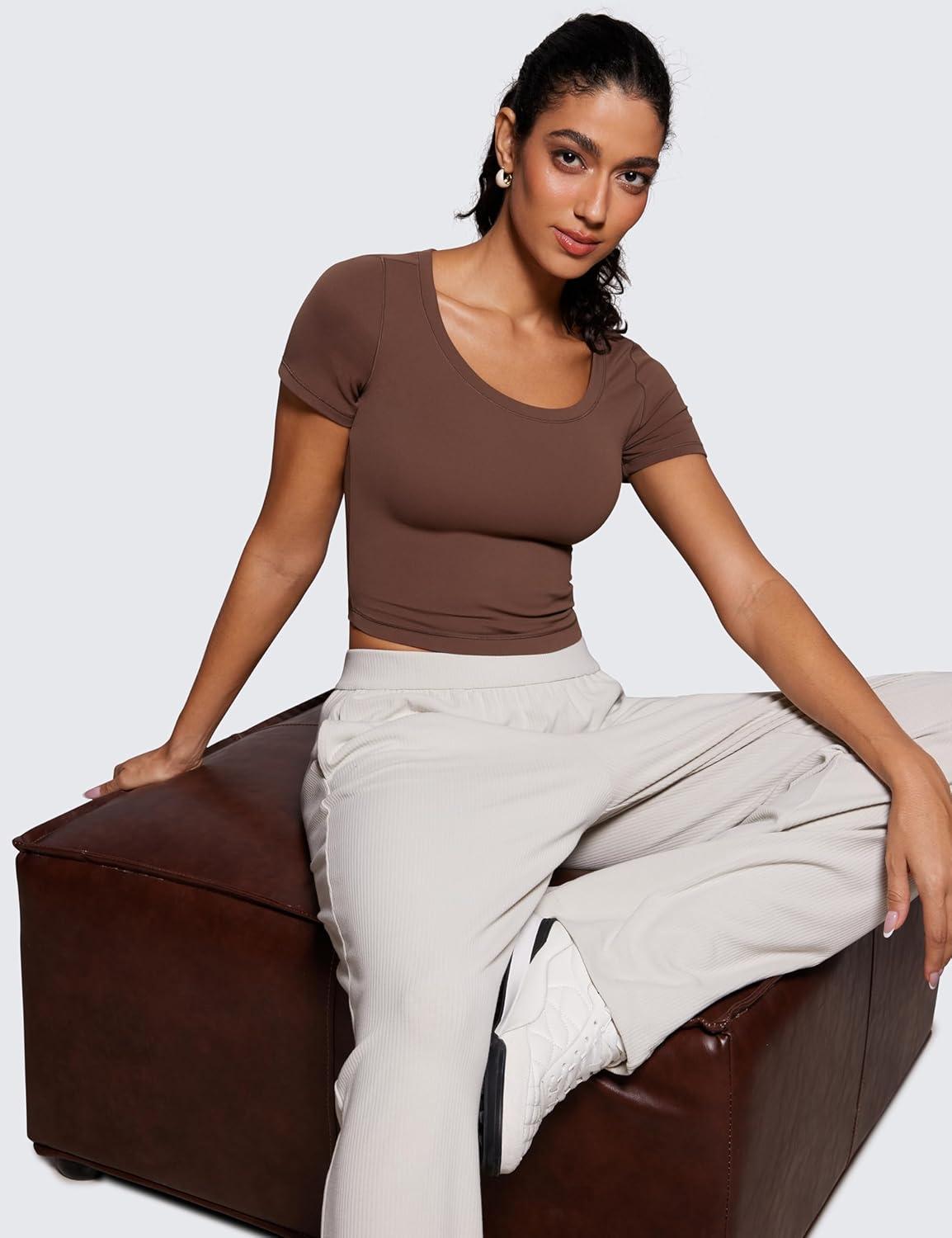 imageCRZ YOGA Butterluxe Short Sleeve Shirts for Women Scoop Neck Casual Crop Tops Workout Yoga Basic Slim Fit TShirtsCoffee Brown