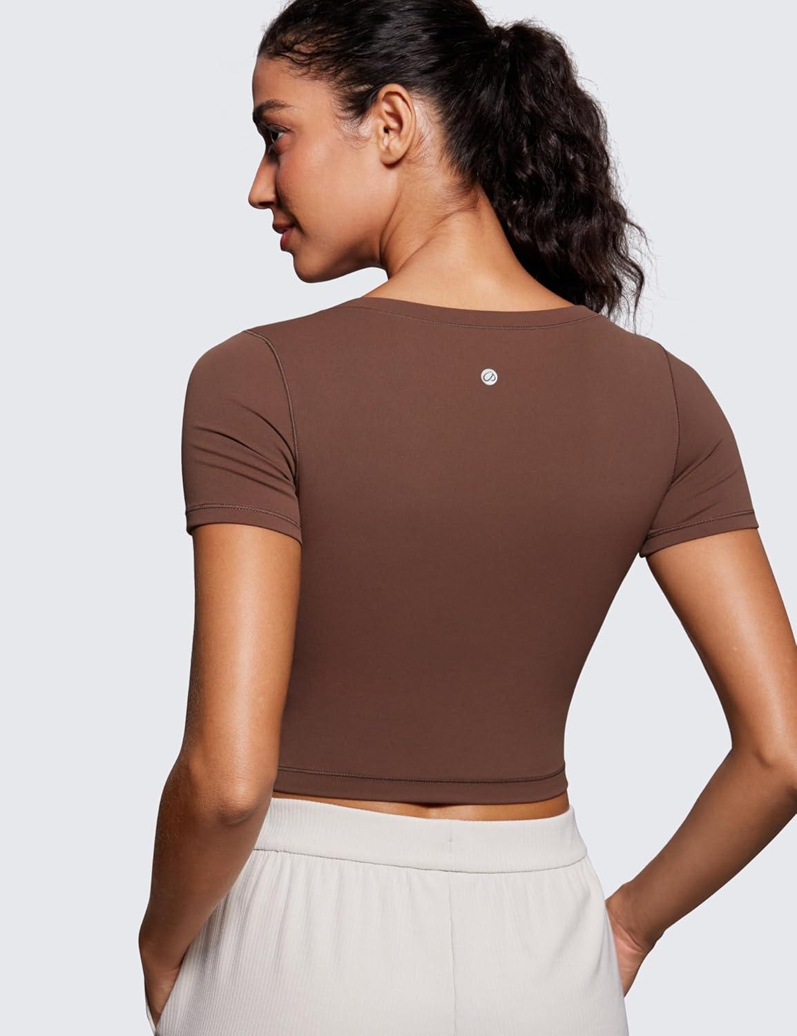 imageCRZ YOGA Butterluxe Short Sleeve Shirts for Women Scoop Neck Casual Crop Tops Workout Yoga Basic Slim Fit TShirtsCoffee Brown