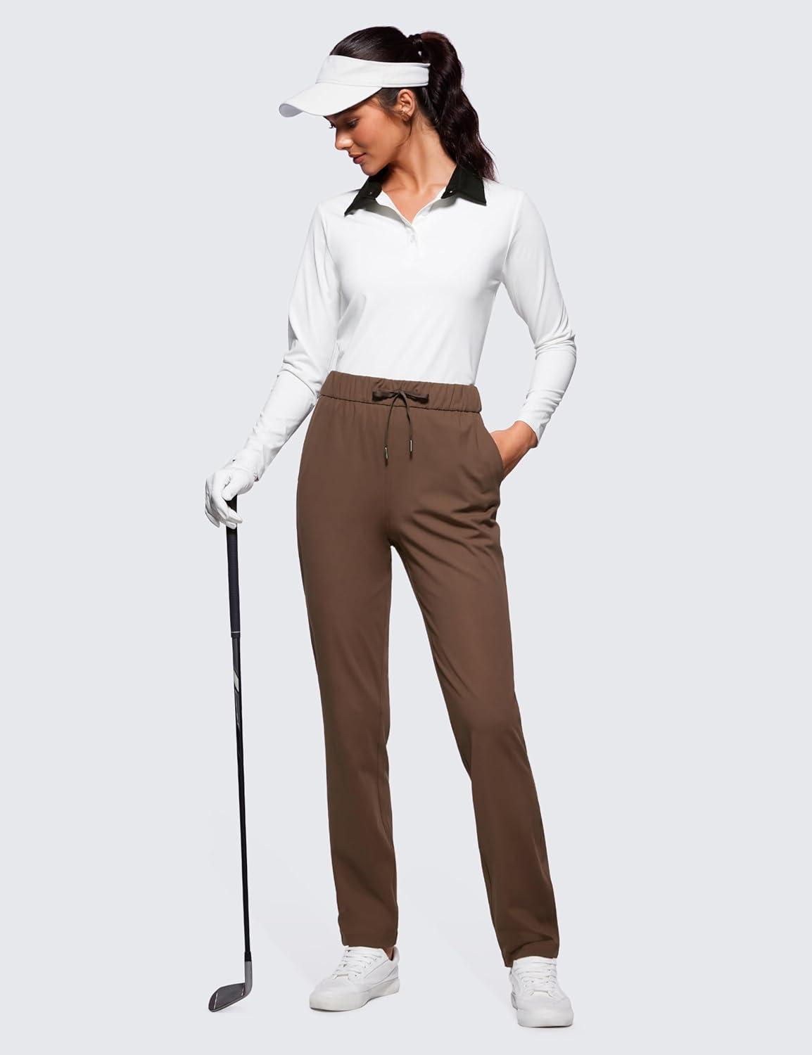 imageCRZ YOGA 4Way Stretch Full Length Golf Pants for Women Tall 31quot  Travel Sweatpants Workout Trousers with PocketsCoffee Brown