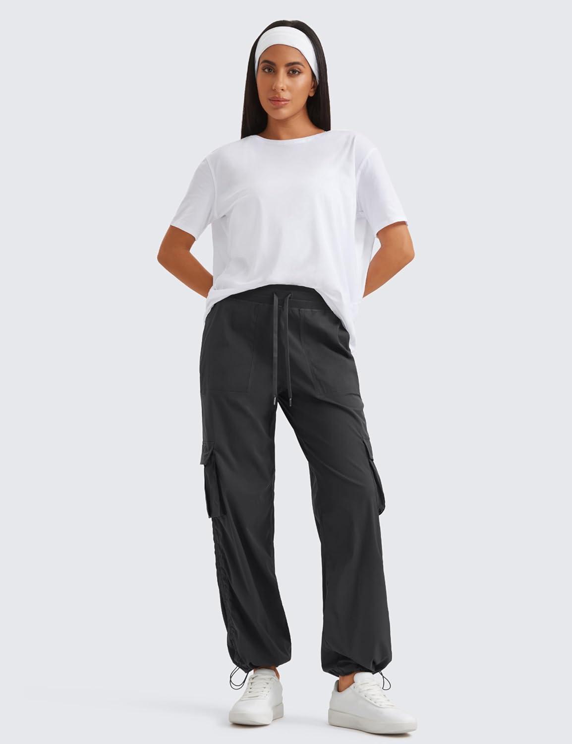 imageCRZ YOGA Lightweight Casual Cargo Pants for Women 30quot Adjustable Ruched Straight Leg Travel Workout Athletic Hiking JoggersInk Gray