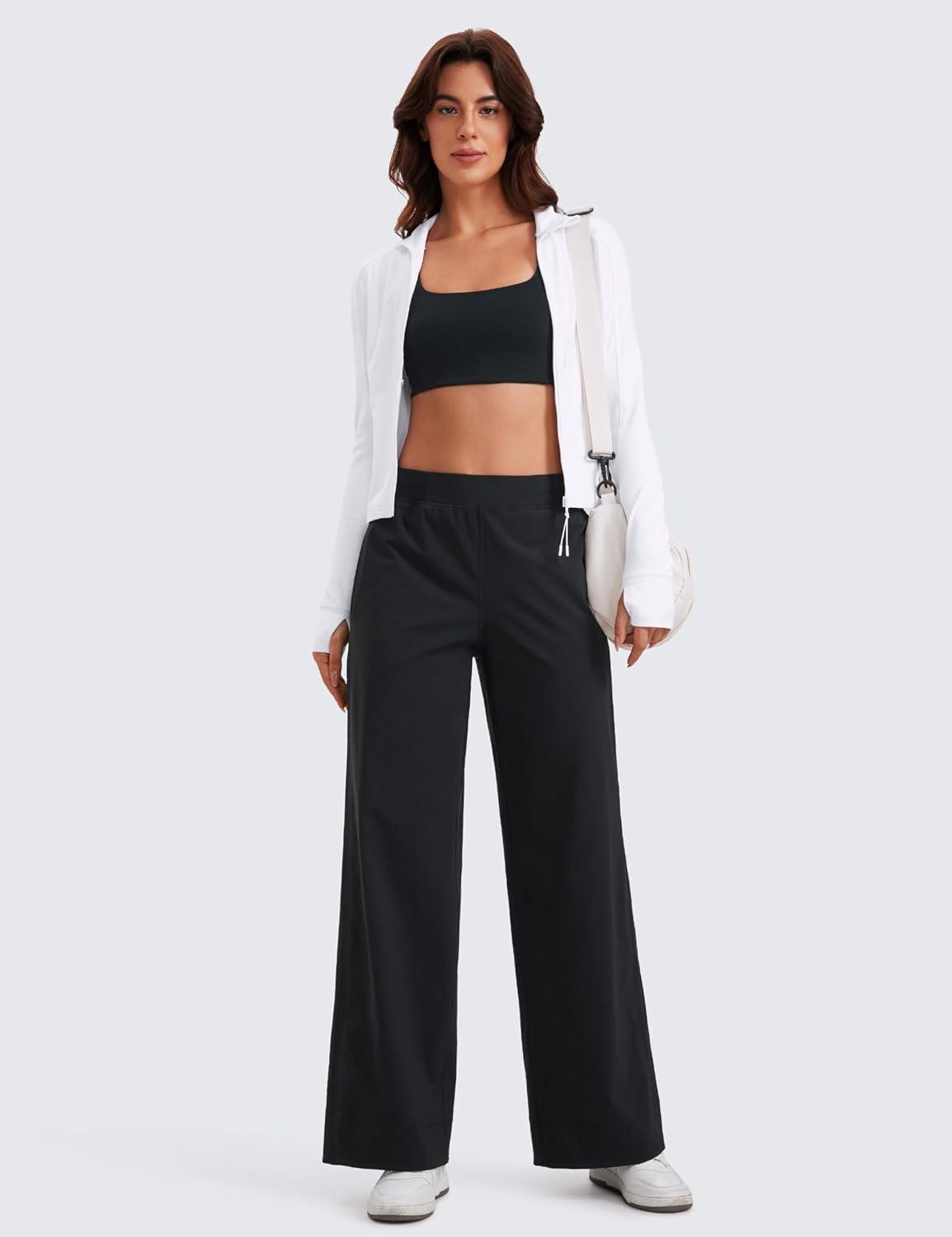 imageCRZ YOGA Stretch Wide Leg Casual Pants for Women 30quot High Waisted Dress Work Water Resistant Travel TrousersBlack
