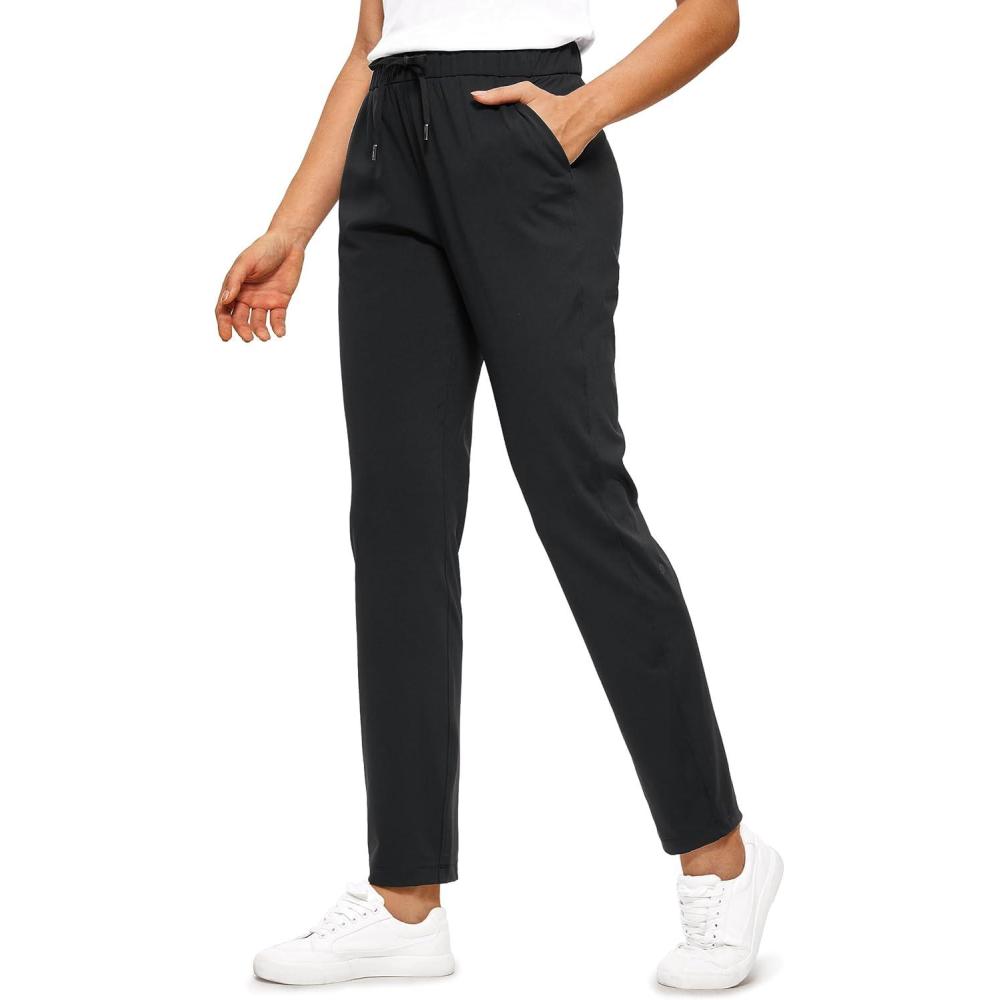 imageCRZ YOGA 4Way Stretch Full Length Golf Pants for Women Tall 31quot  Travel Sweatpants Workout Trousers with PocketsBlack