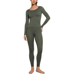 imageCRZ YOGA Soft Thermal Underwear Sets for Women Lightweight Long Johns Base Layer Pajamas Warm Top BottomLight Army Green