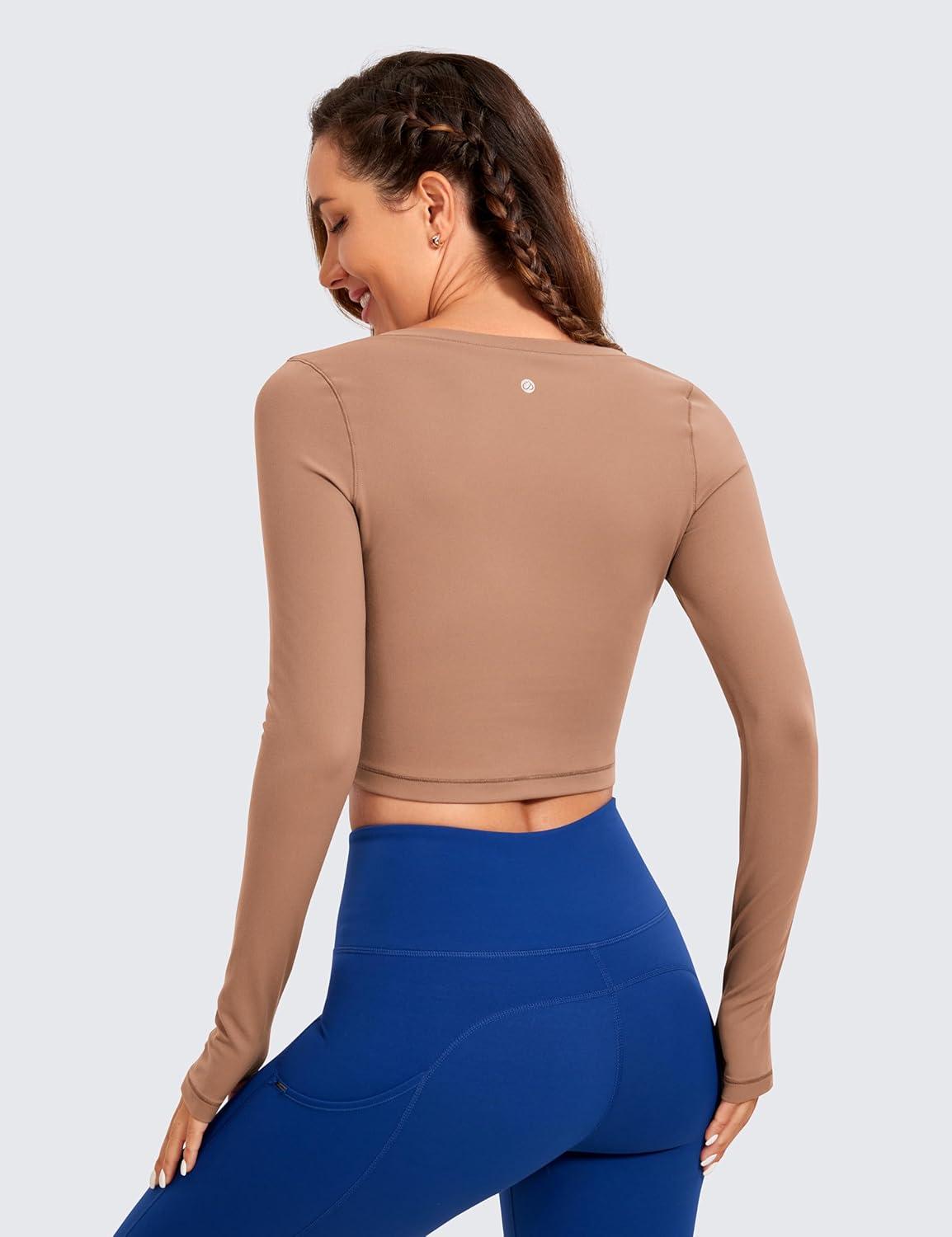 imageCRZ YOGA Butterluxe Long Sleeve Crop Tops for Women Slim Fit Workout Shirts Cropped Athletic Gym TShirtsMocha Mousse