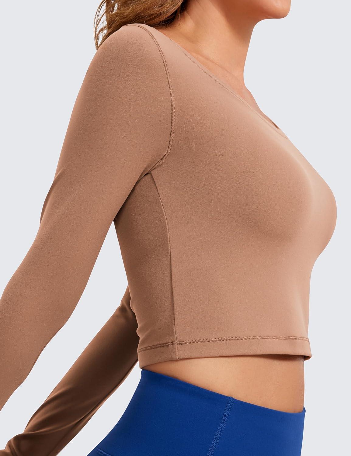 imageCRZ YOGA Butterluxe Long Sleeve Crop Tops for Women Slim Fit Workout Shirts Cropped Athletic Gym TShirtsMocha Mousse