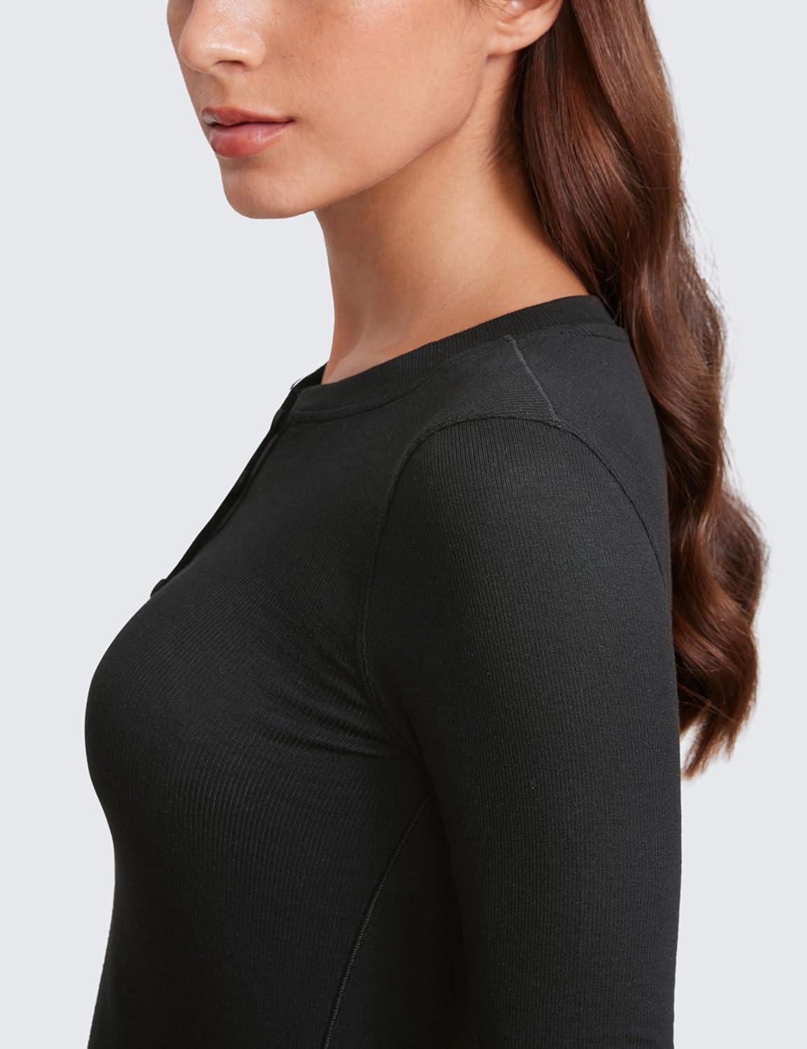 imageCRZ YOGA Ribbed Modal Casual Long Sleeve Henley Shirts for Women Soft Stretchy Knit Layering Basic Fitted Athletic TopsBlack