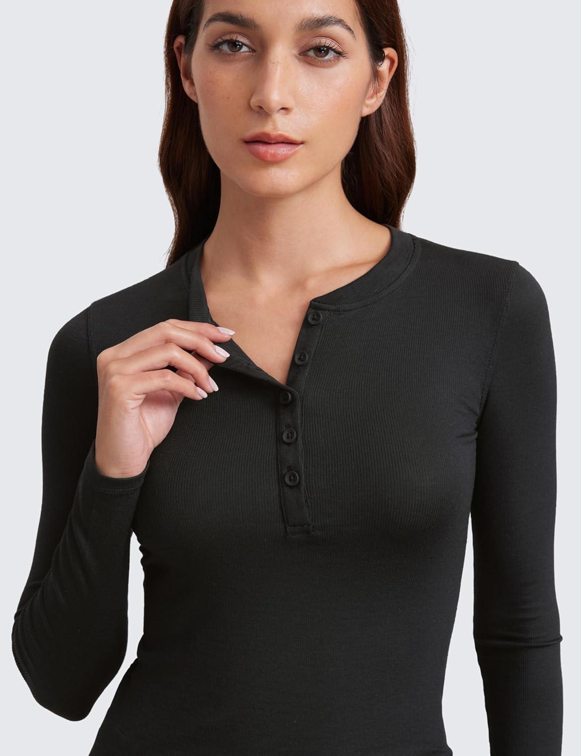 imageCRZ YOGA Ribbed Modal Casual Long Sleeve Henley Shirts for Women Soft Stretchy Knit Layering Basic Fitted Athletic TopsBlack