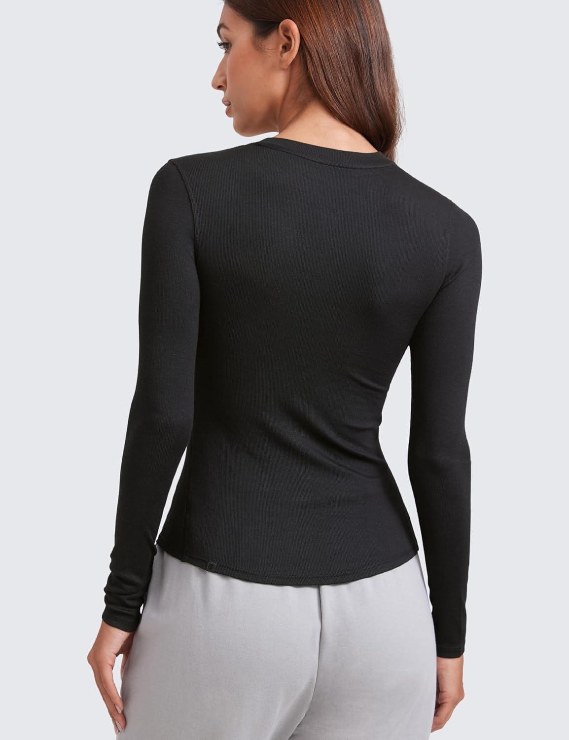 imageCRZ YOGA Ribbed Modal Casual Long Sleeve Henley Shirts for Women Soft Stretchy Knit Layering Basic Fitted Athletic TopsBlack