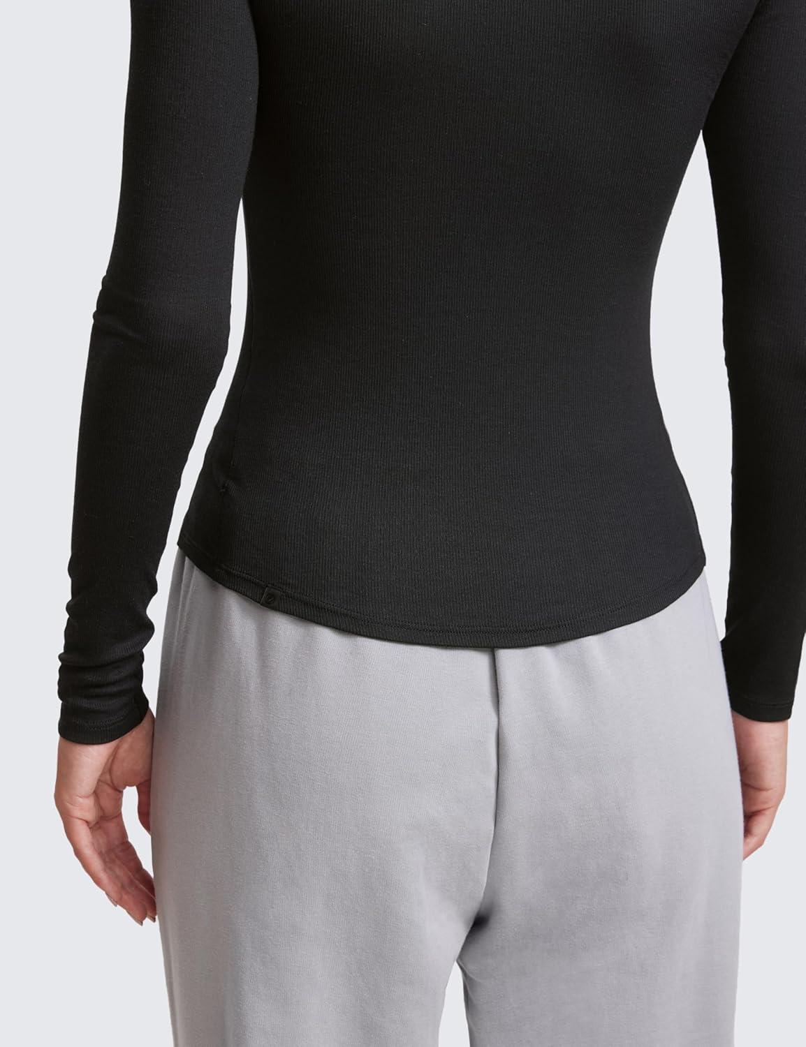imageCRZ YOGA Ribbed Modal Casual Long Sleeve Henley Shirts for Women Soft Stretchy Knit Layering Basic Fitted Athletic TopsBlack