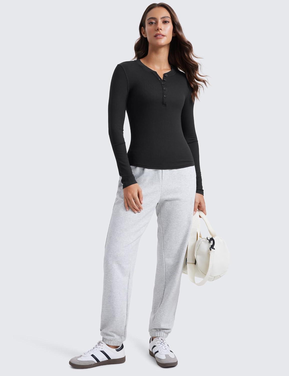 imageCRZ YOGA Ribbed Modal Casual Long Sleeve Henley Shirts for Women Soft Stretchy Knit Layering Basic Fitted Athletic TopsBlack