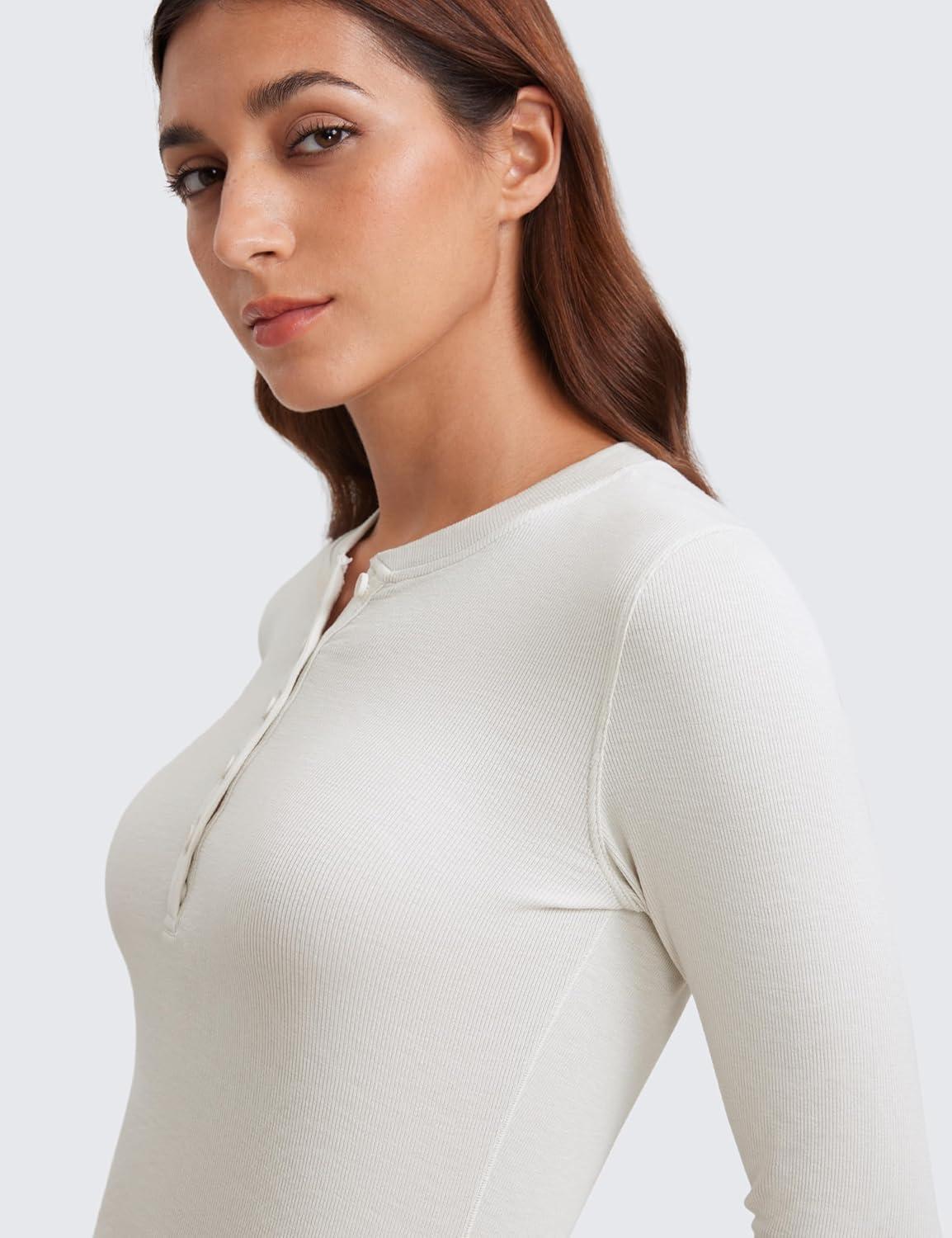 imageCRZ YOGA Ribbed Modal Casual Long Sleeve Henley Shirts for Women Soft Stretchy Knit Layering Basic Fitted Athletic TopsMilky White Bone