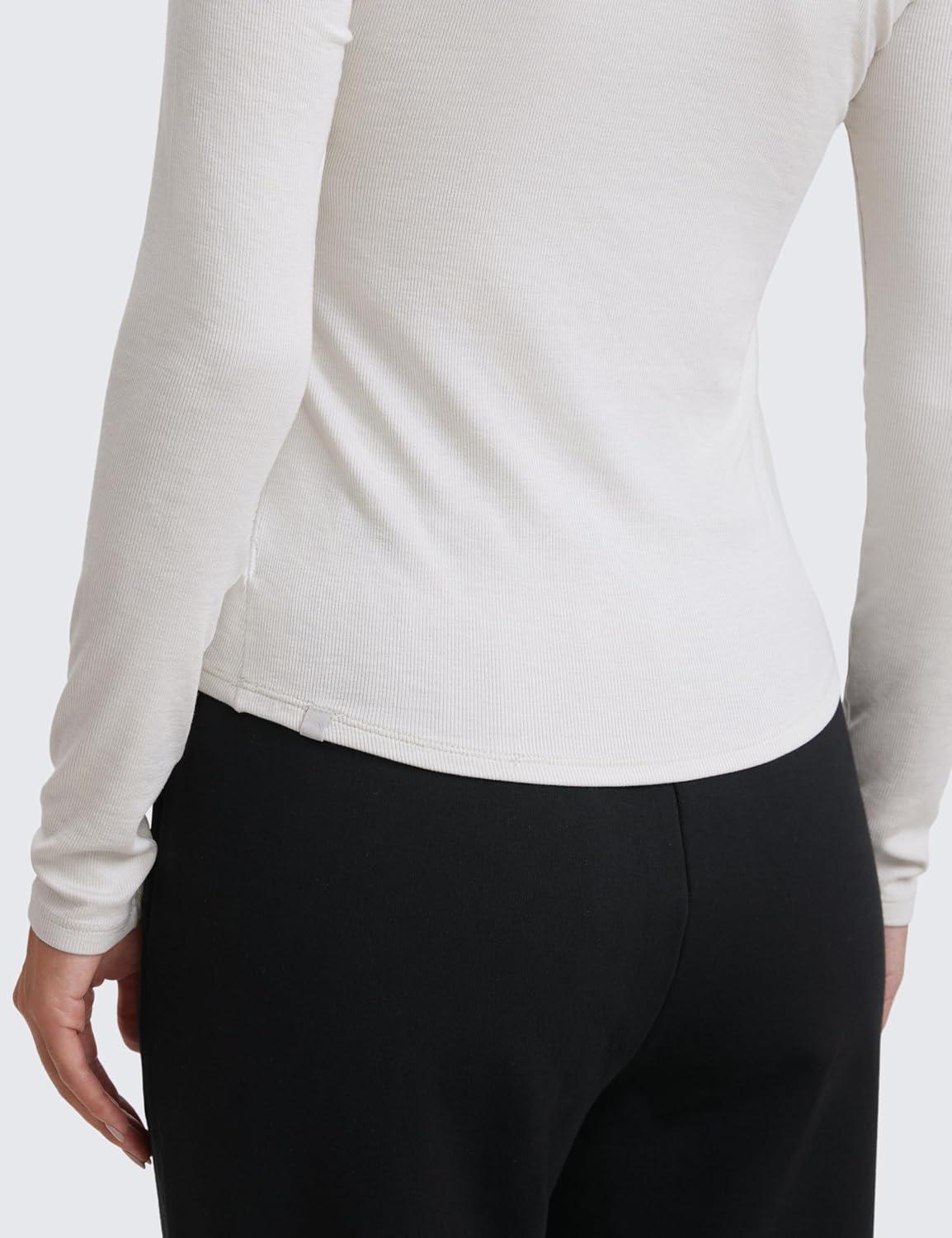 imageCRZ YOGA Ribbed Modal Casual Long Sleeve Henley Shirts for Women Soft Stretchy Knit Layering Basic Fitted Athletic TopsMilky White Bone