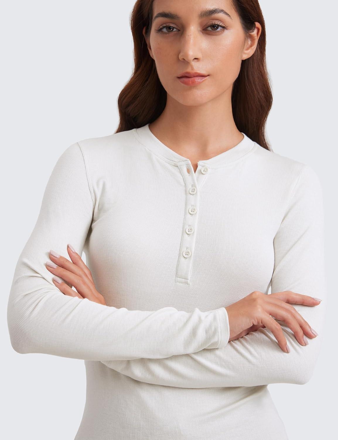 imageCRZ YOGA Ribbed Modal Casual Long Sleeve Henley Shirts for Women Soft Stretchy Knit Layering Basic Fitted Athletic TopsMilky White Bone
