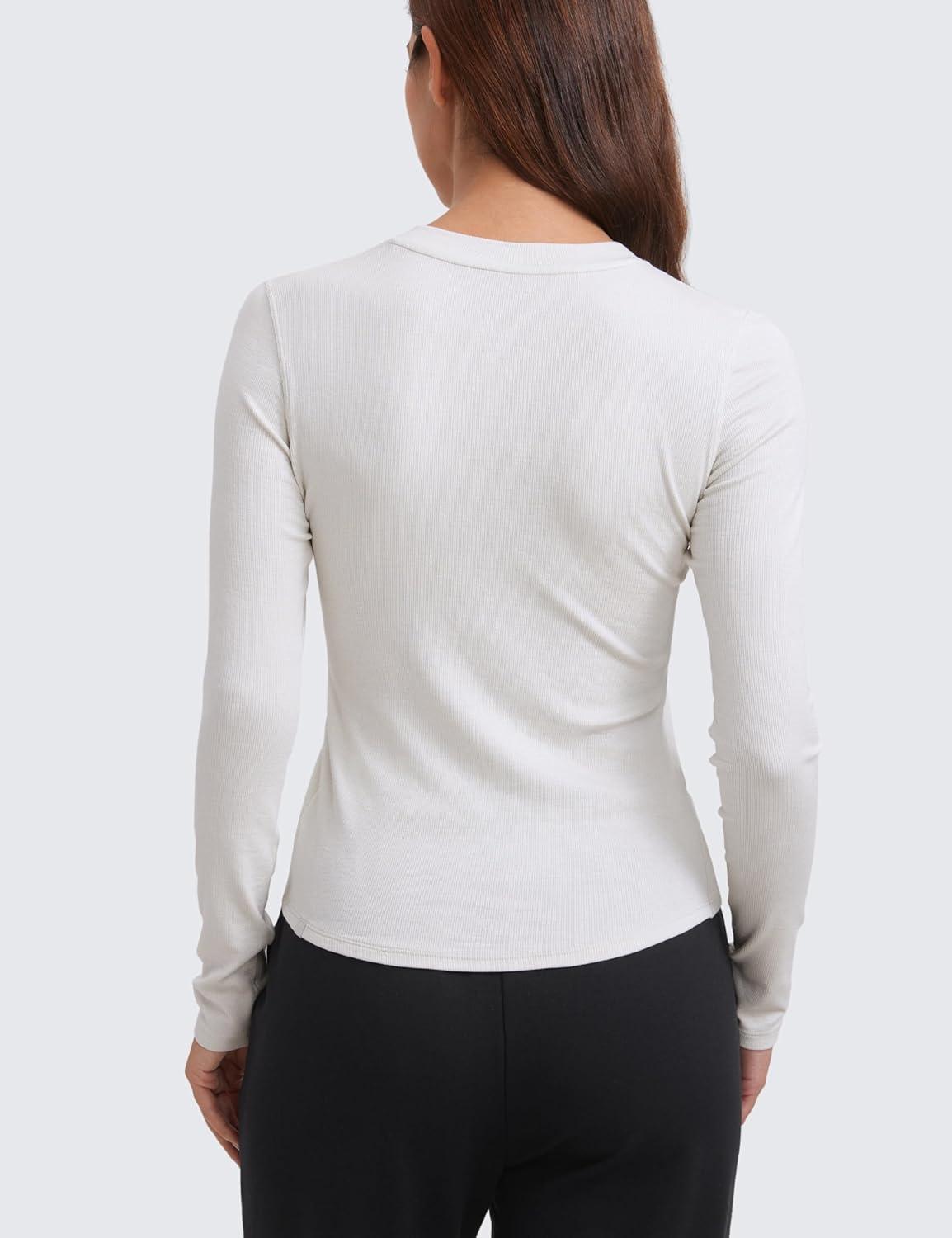imageCRZ YOGA Ribbed Modal Casual Long Sleeve Henley Shirts for Women Soft Stretchy Knit Layering Basic Fitted Athletic TopsMilky White Bone