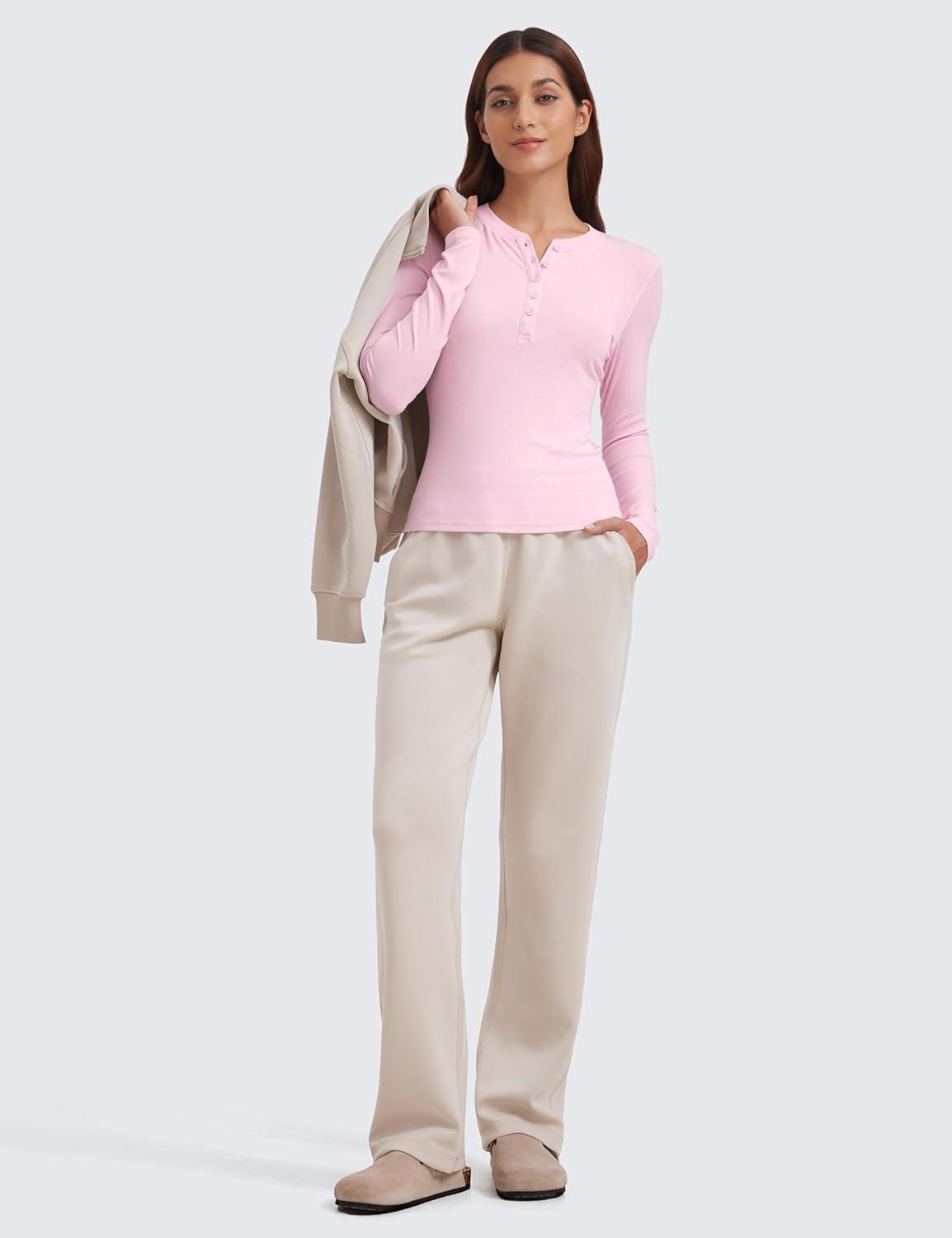 imageCRZ YOGA Ribbed Modal Casual Long Sleeve Henley Shirts for Women Soft Stretchy Knit Layering Basic Fitted Athletic TopsPink Peony