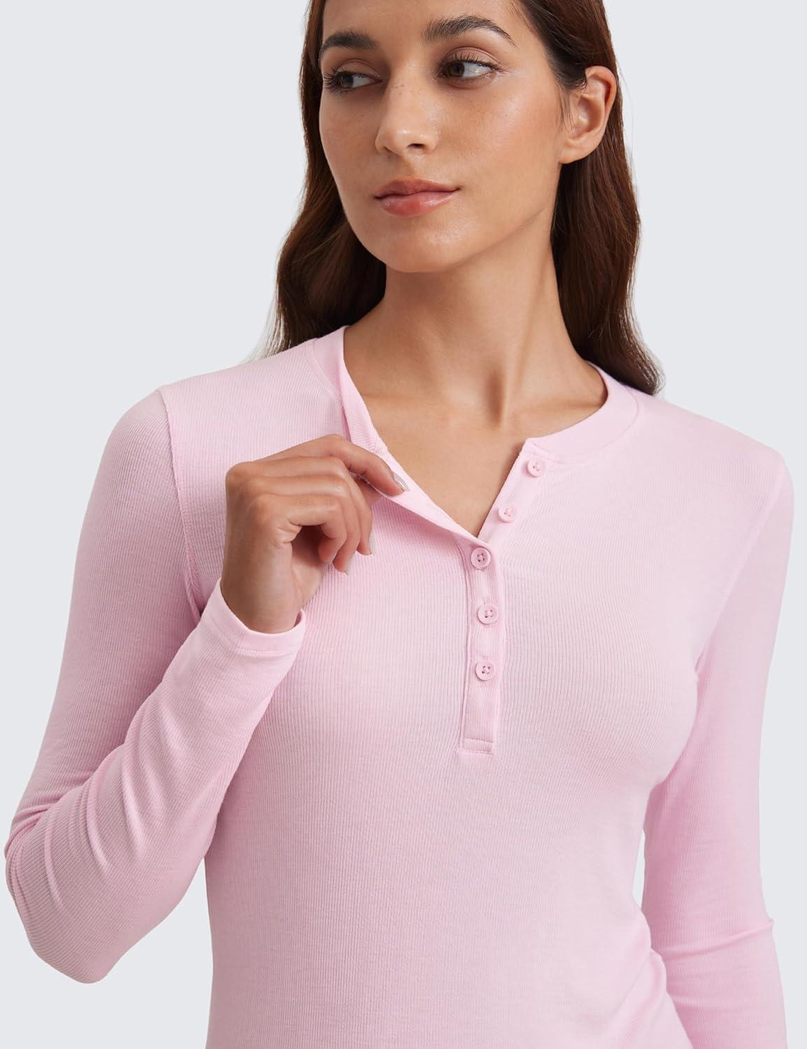 imageCRZ YOGA Ribbed Modal Casual Long Sleeve Henley Shirts for Women Soft Stretchy Knit Layering Basic Fitted Athletic TopsPink Peony