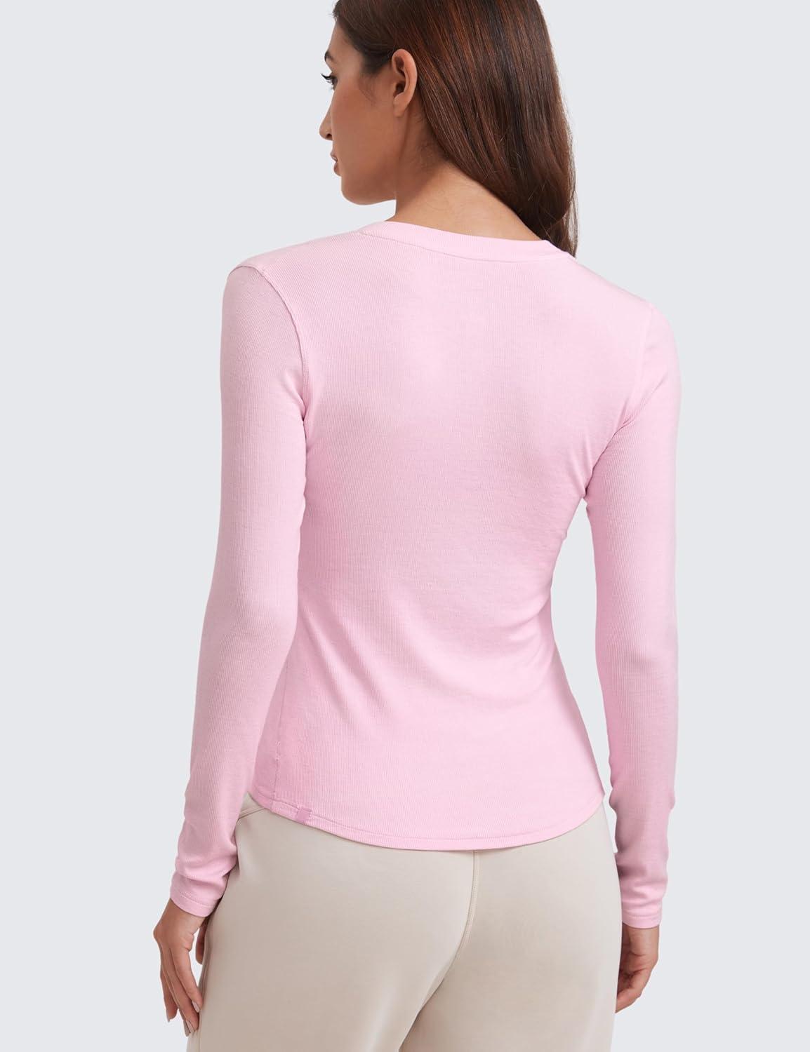 imageCRZ YOGA Ribbed Modal Casual Long Sleeve Henley Shirts for Women Soft Stretchy Knit Layering Basic Fitted Athletic TopsPink Peony
