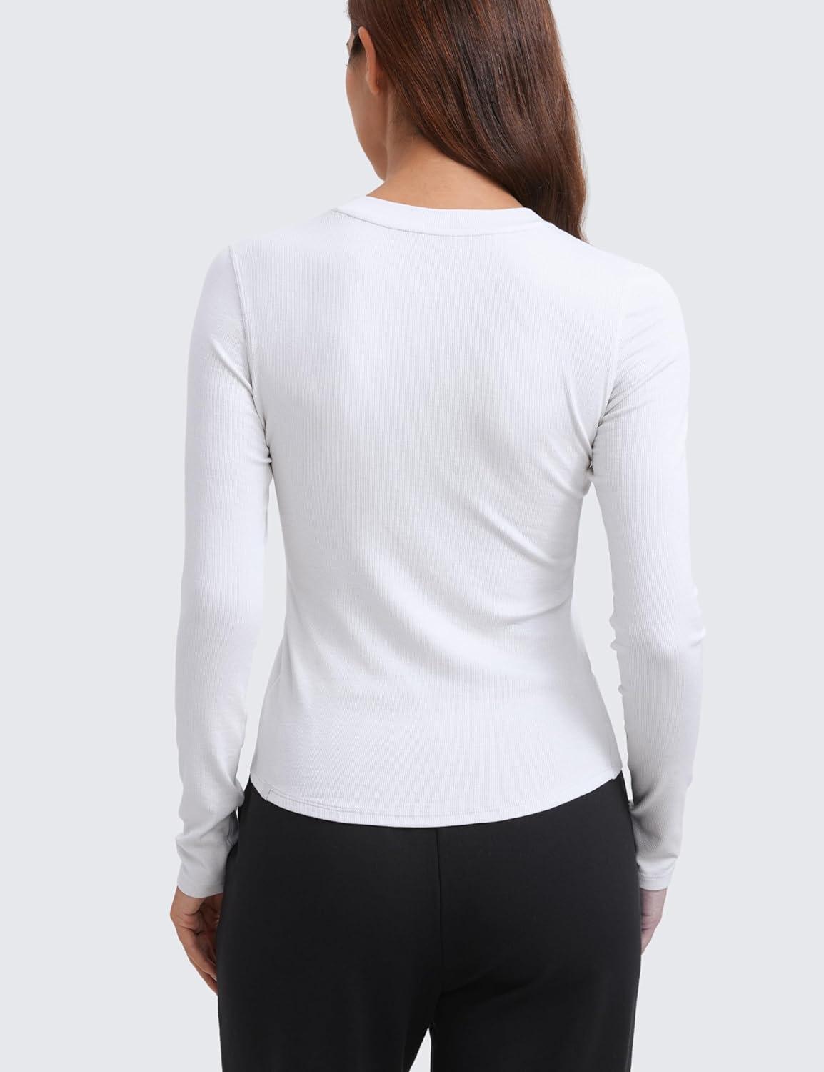 imageCRZ YOGA Ribbed Modal Casual Long Sleeve Henley Shirts for Women Soft Stretchy Knit Layering Basic Fitted Athletic TopsWhite