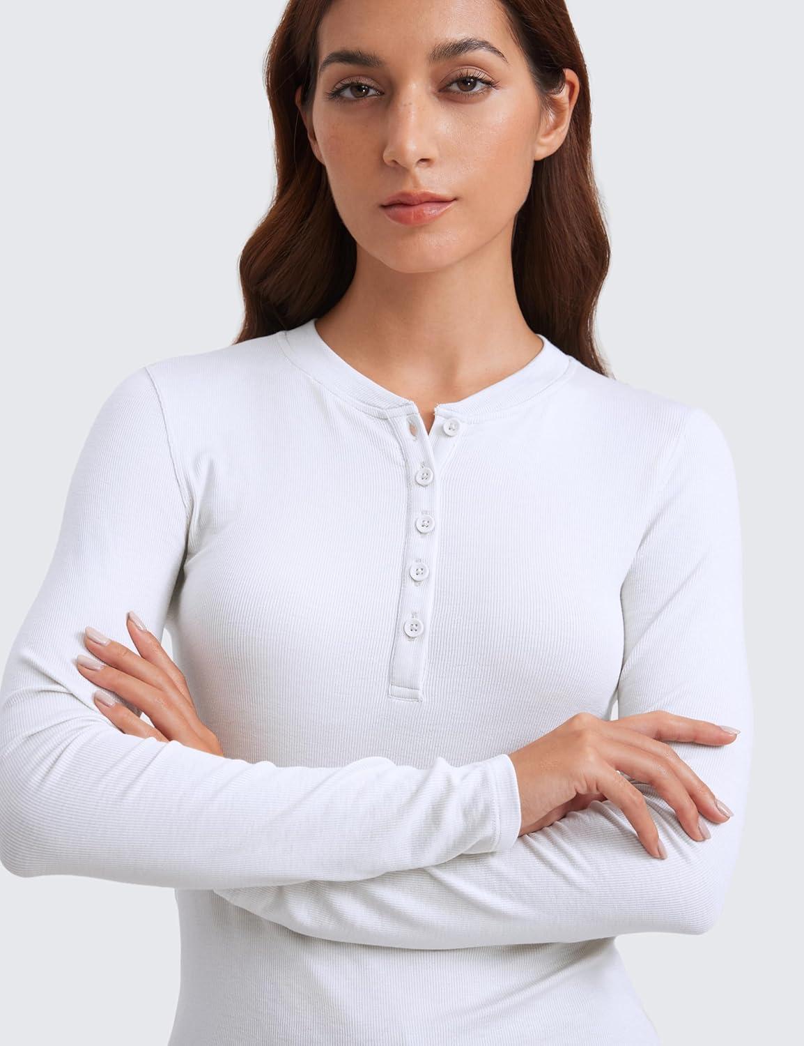 imageCRZ YOGA Ribbed Modal Casual Long Sleeve Henley Shirts for Women Soft Stretchy Knit Layering Basic Fitted Athletic TopsWhite