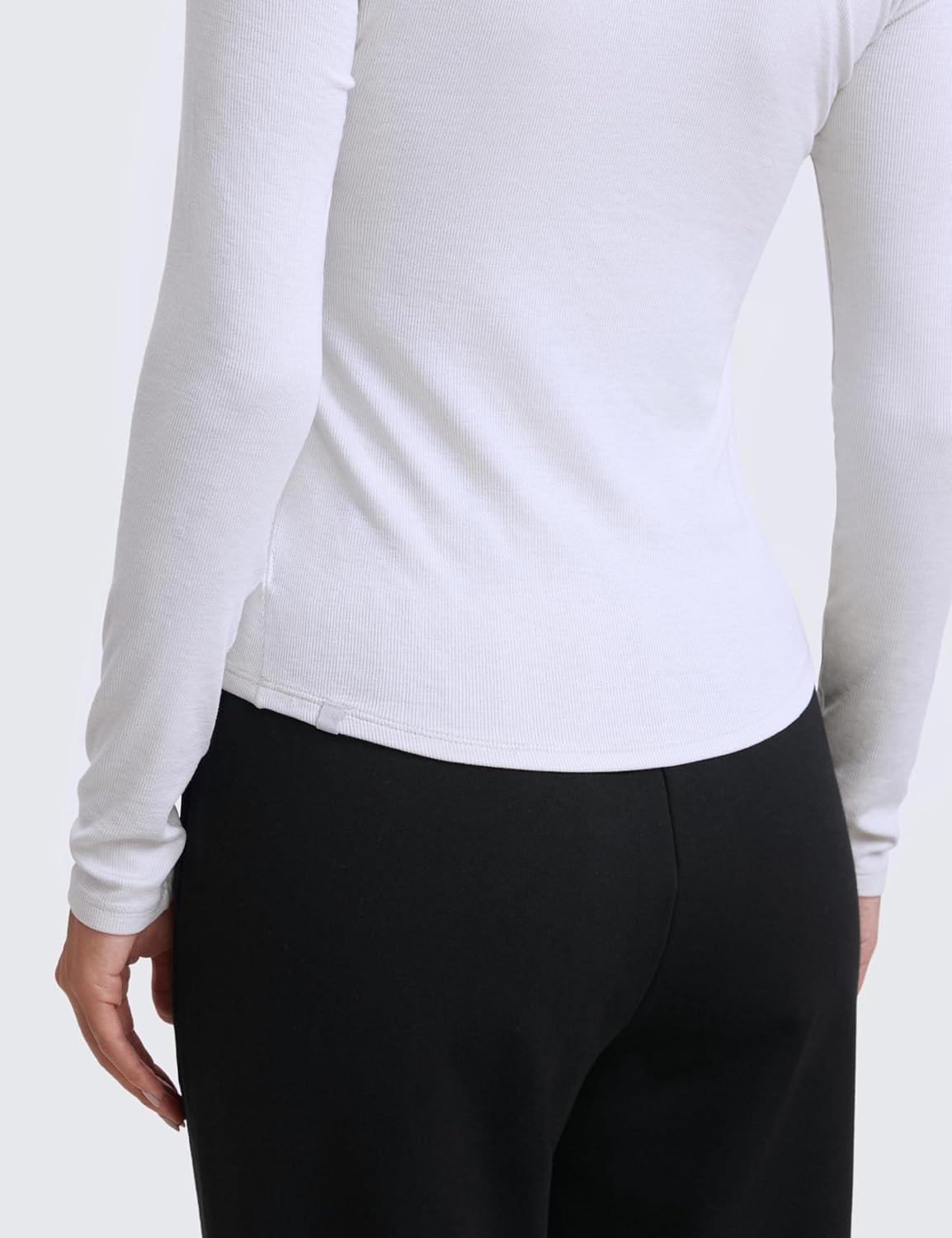 imageCRZ YOGA Ribbed Modal Casual Long Sleeve Henley Shirts for Women Soft Stretchy Knit Layering Basic Fitted Athletic TopsWhite