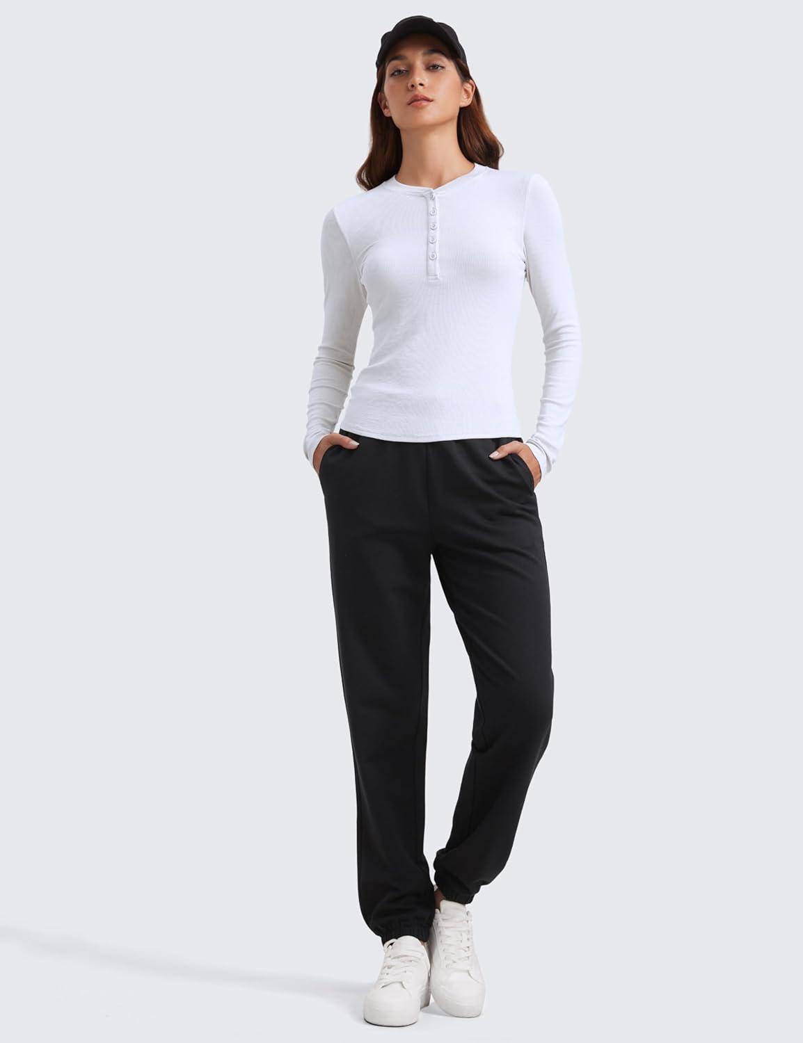 imageCRZ YOGA Ribbed Modal Casual Long Sleeve Henley Shirts for Women Soft Stretchy Knit Layering Basic Fitted Athletic TopsWhite