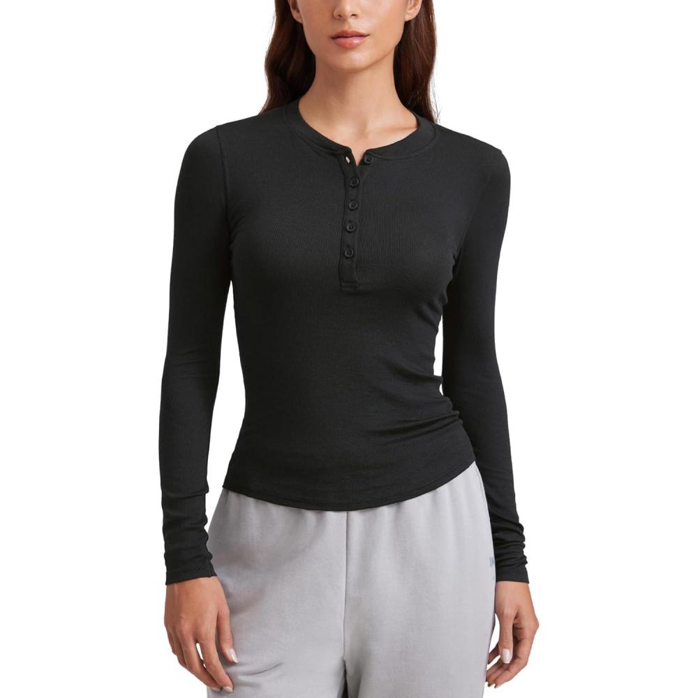 imageCRZ YOGA Ribbed Modal Casual Long Sleeve Henley Shirts for Women Soft Stretchy Knit Layering Basic Fitted Athletic TopsBlack
